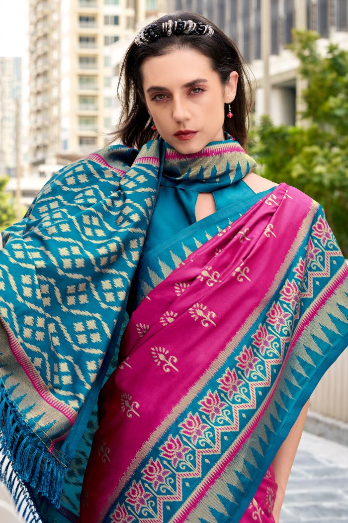 Qutub Minar Wine Pure Soft Banarasi Silk Ikkat Weaving Saree