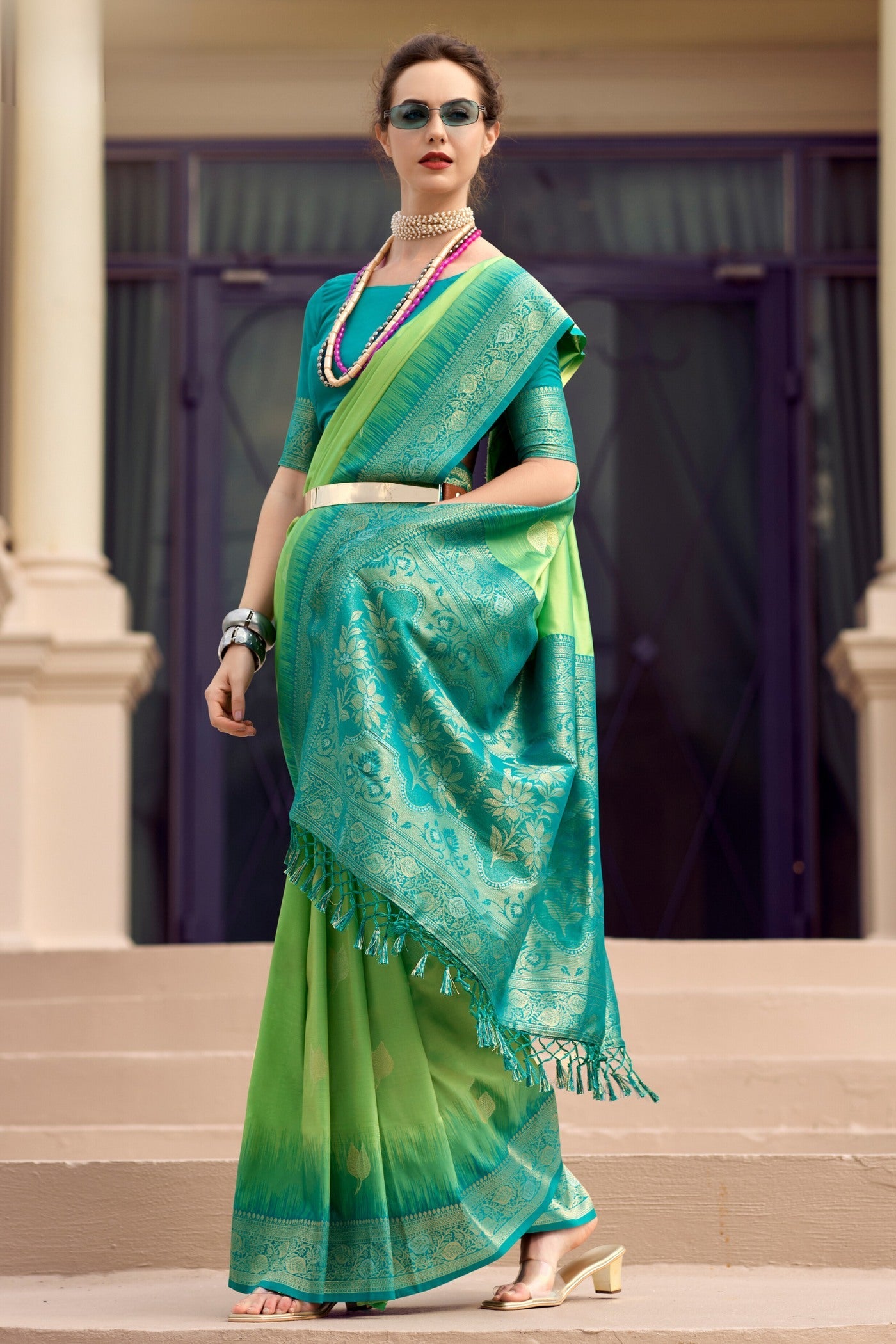 Mango Moss Green Pure Touch Soft Silk Weaving Saree