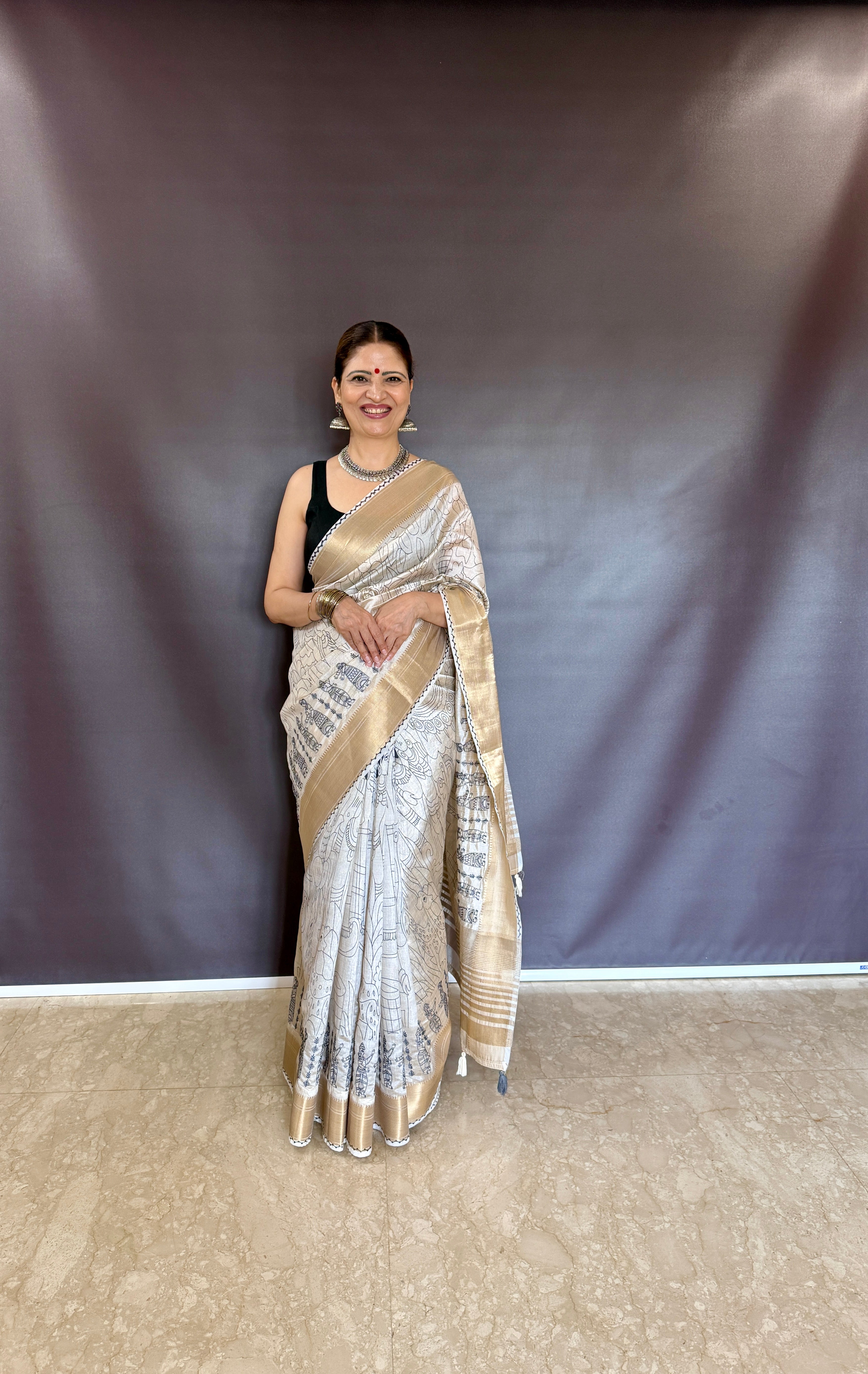 Summer Special Blue Hand Block With Work Linen Silk Saree