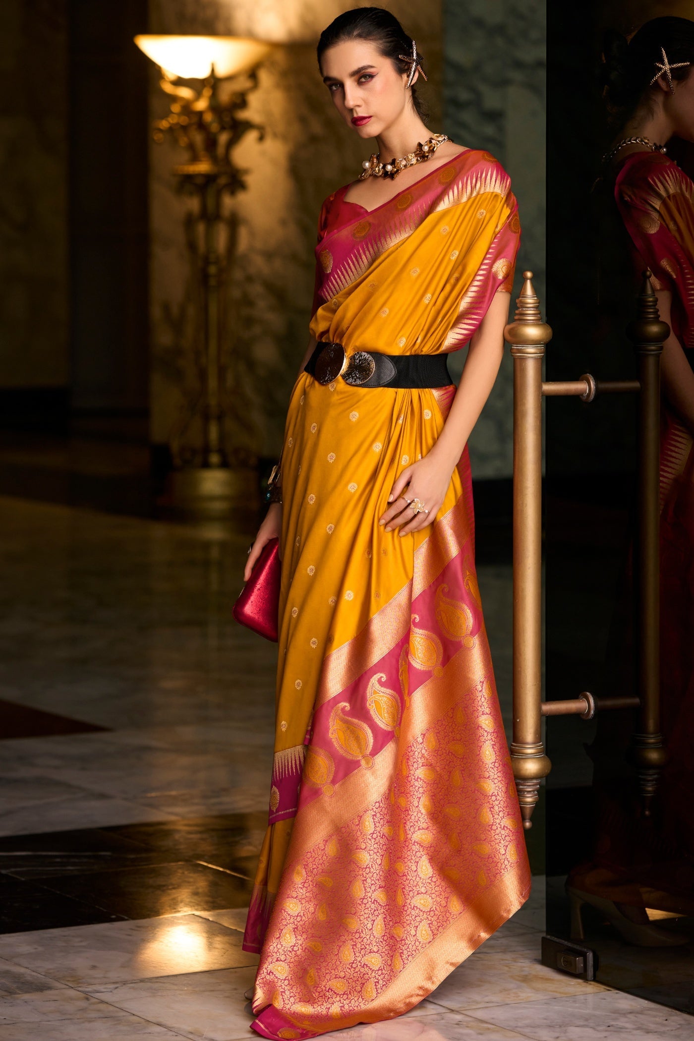 Cherry Yellow Pure Soft Banarasi Silk Weaving Saree