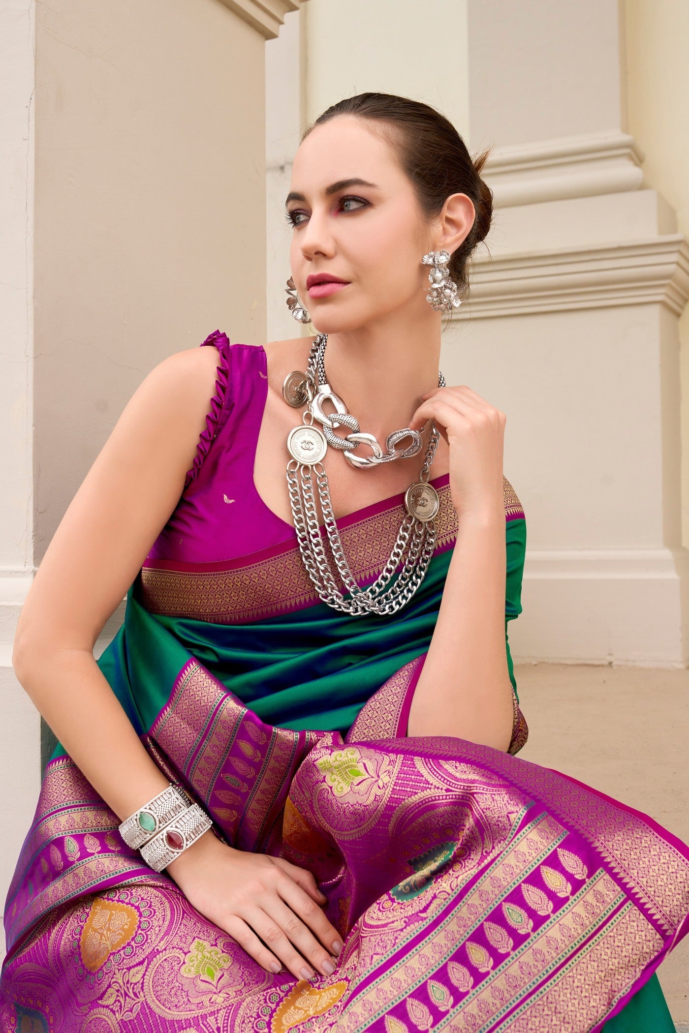 Defender Pine Green Pure Soft Banarasi Silk Weaving  Saree