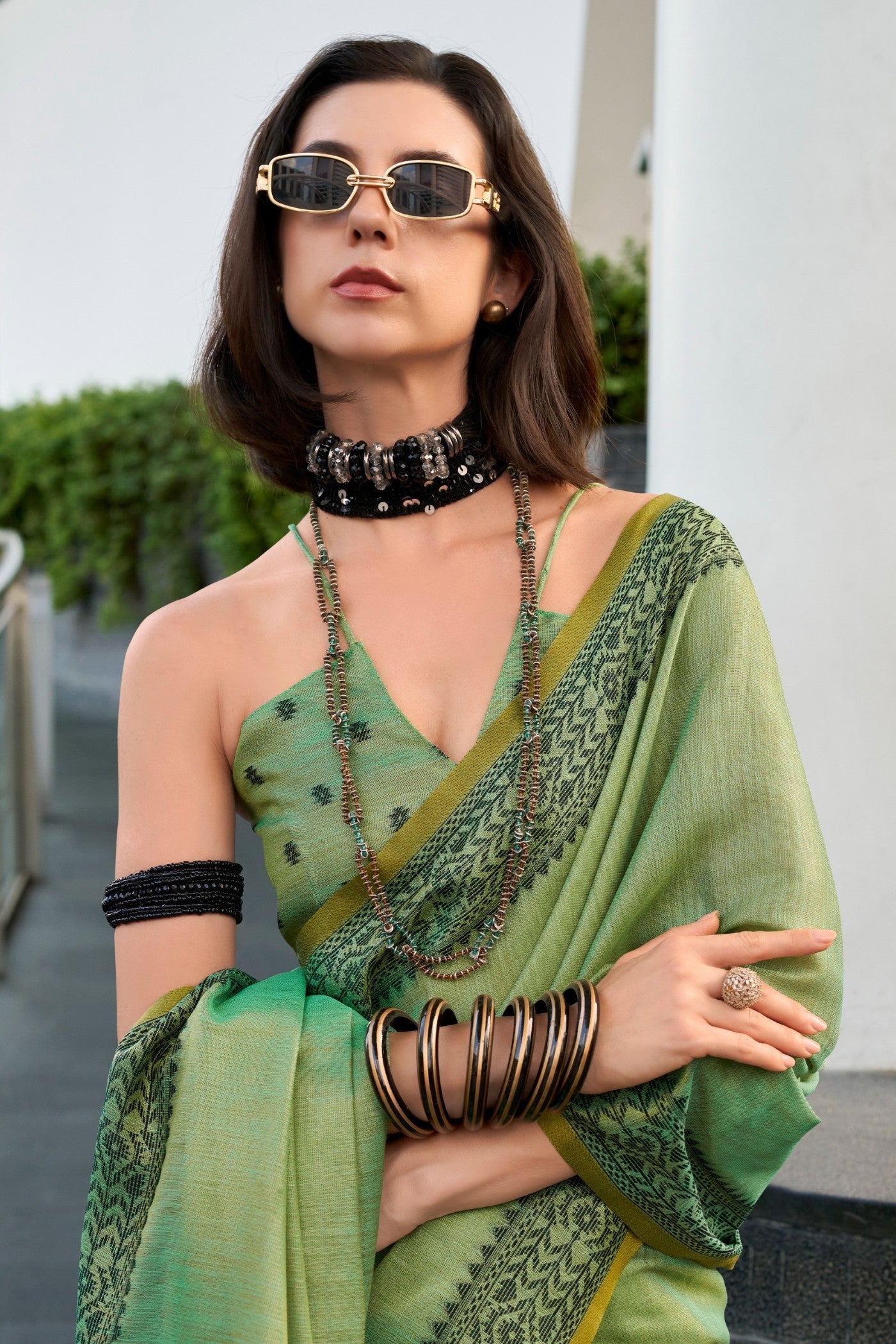 BlackBerry Green Pure Linen Tissue Silk Woven Saree