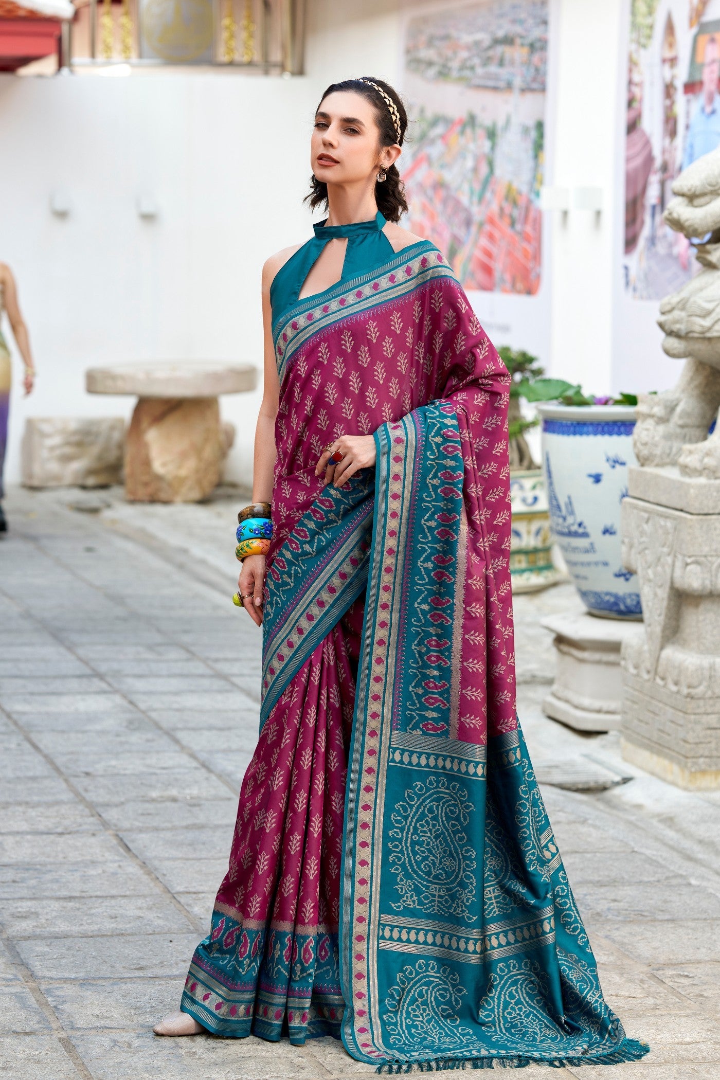Taj Mahal Maroon Soft Banarasi Ikkat Silk Woven Saree