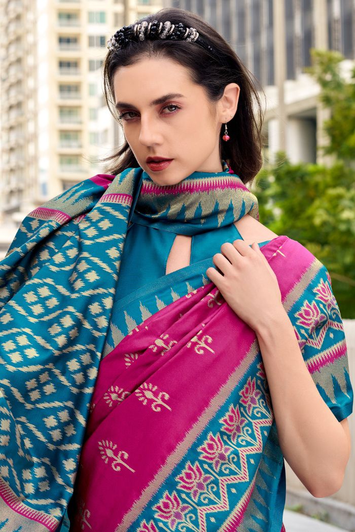 Qutub Minar Wine Pure Soft Banarasi Silk Ikkat Weaving Saree
