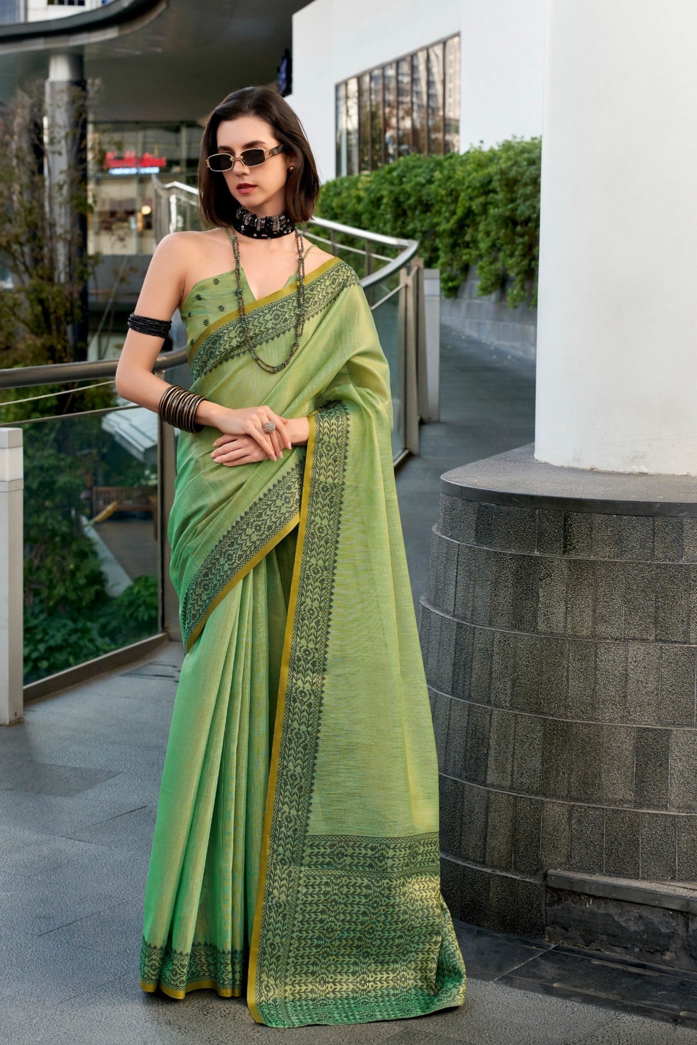 BlackBerry Green Pure Linen Tissue Silk Woven Saree