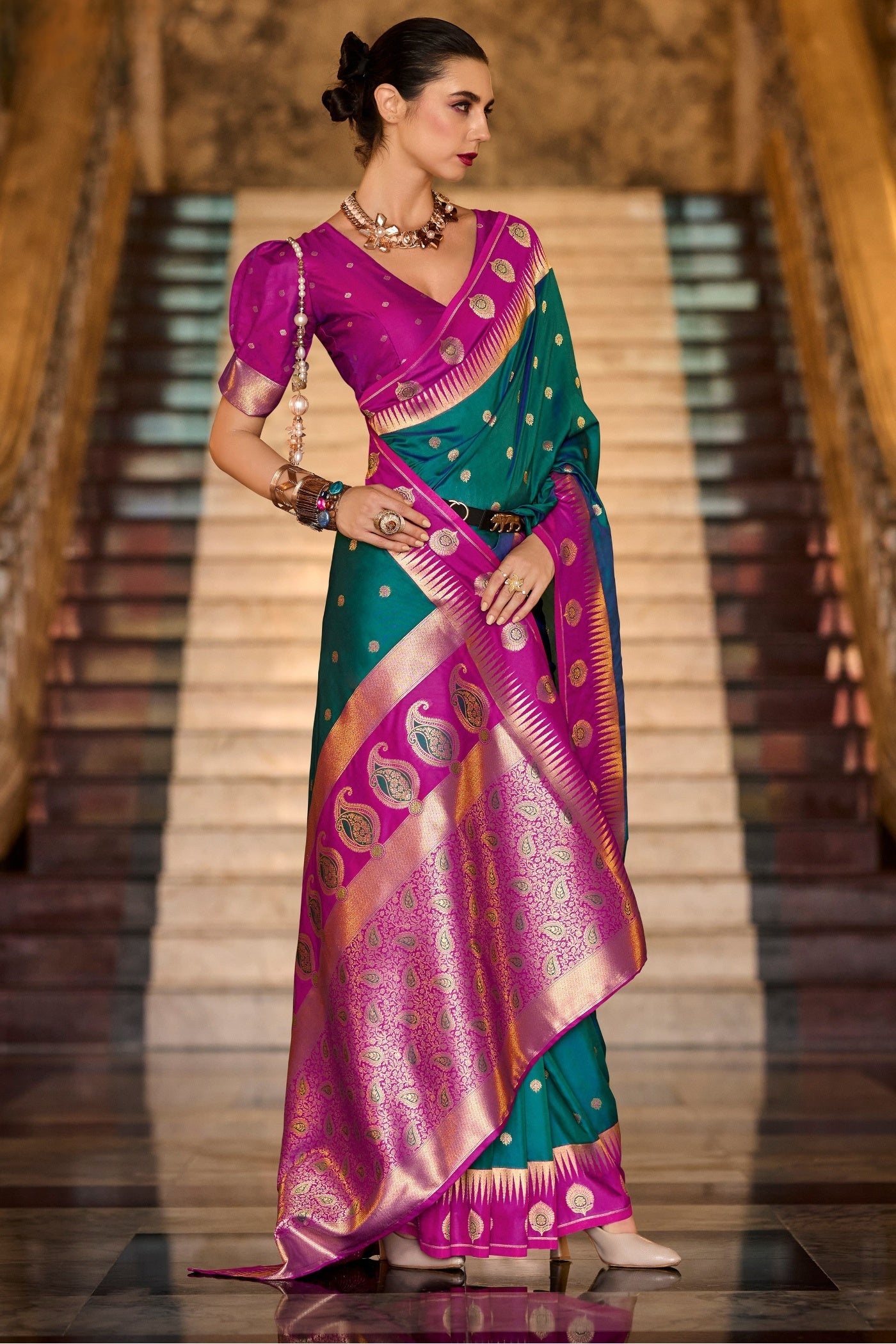 Cherry Dark Green Pure Soft Banarasi Silk Weaving Saree