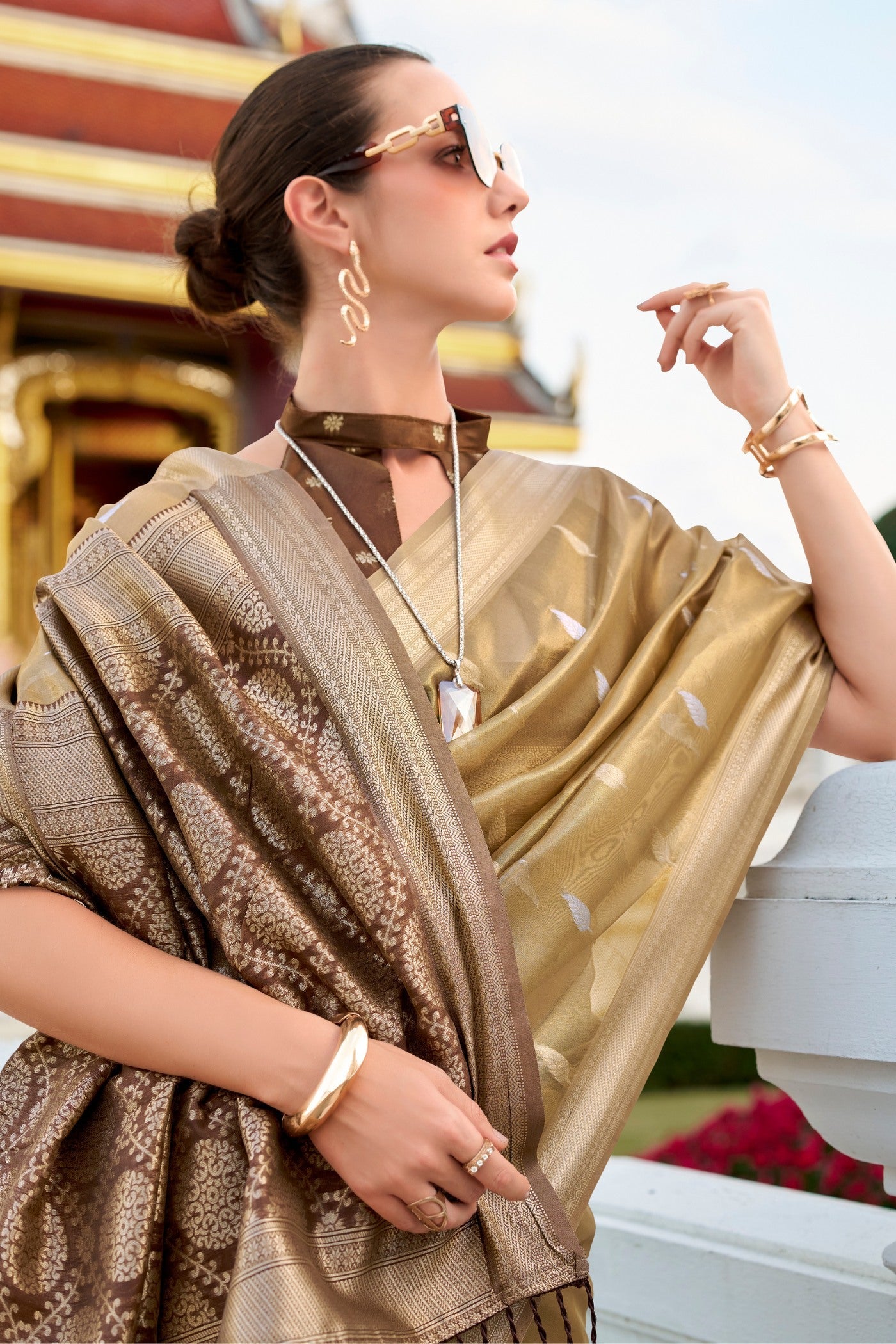 Royal Brown Tissues Silk Zari Booti Woven Saree