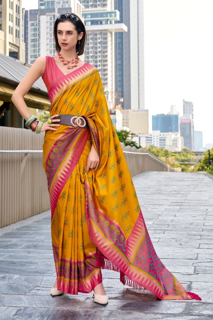 Qutub Minar Yellow Pure Soft Banarasi Silk Ikkat Weaving Saree