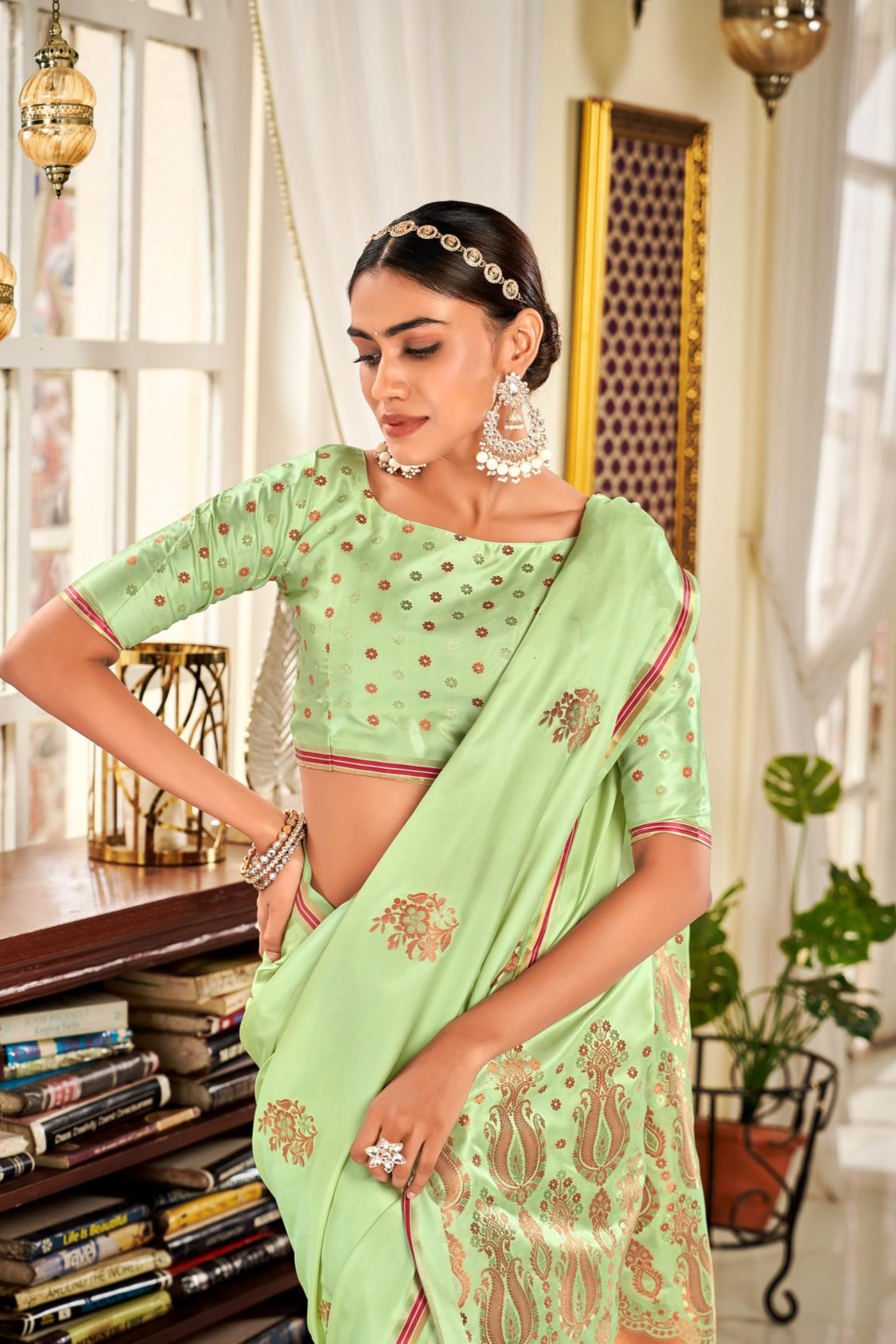 Pista Zari Weaving Soft Satin Silk Saree