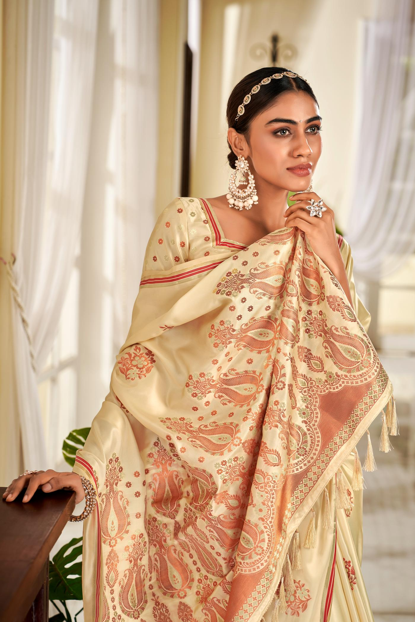 Cream Zari Weaving Soft Satin Silk Saree