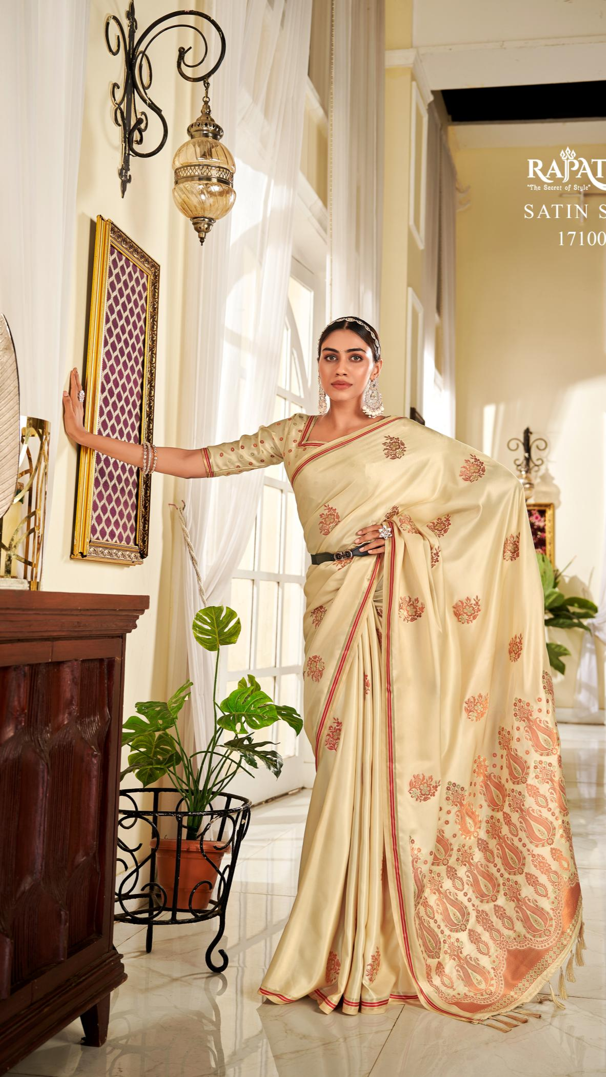Cream Zari Weaving Soft Satin Silk Saree