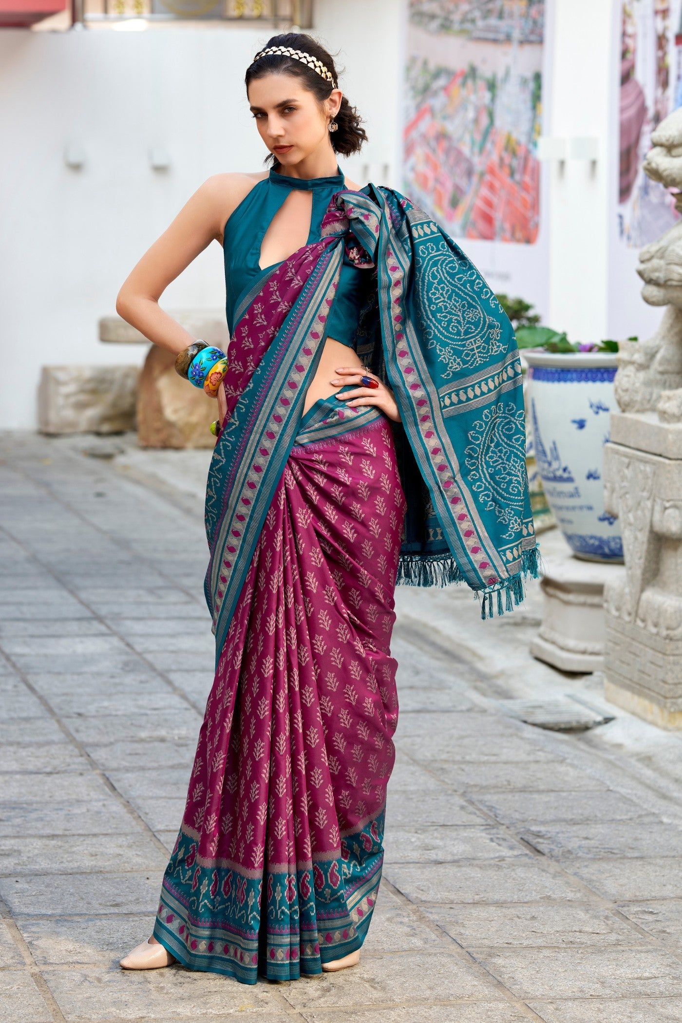 Taj Mahal Maroon Soft Banarasi Ikkat Silk Woven Saree
