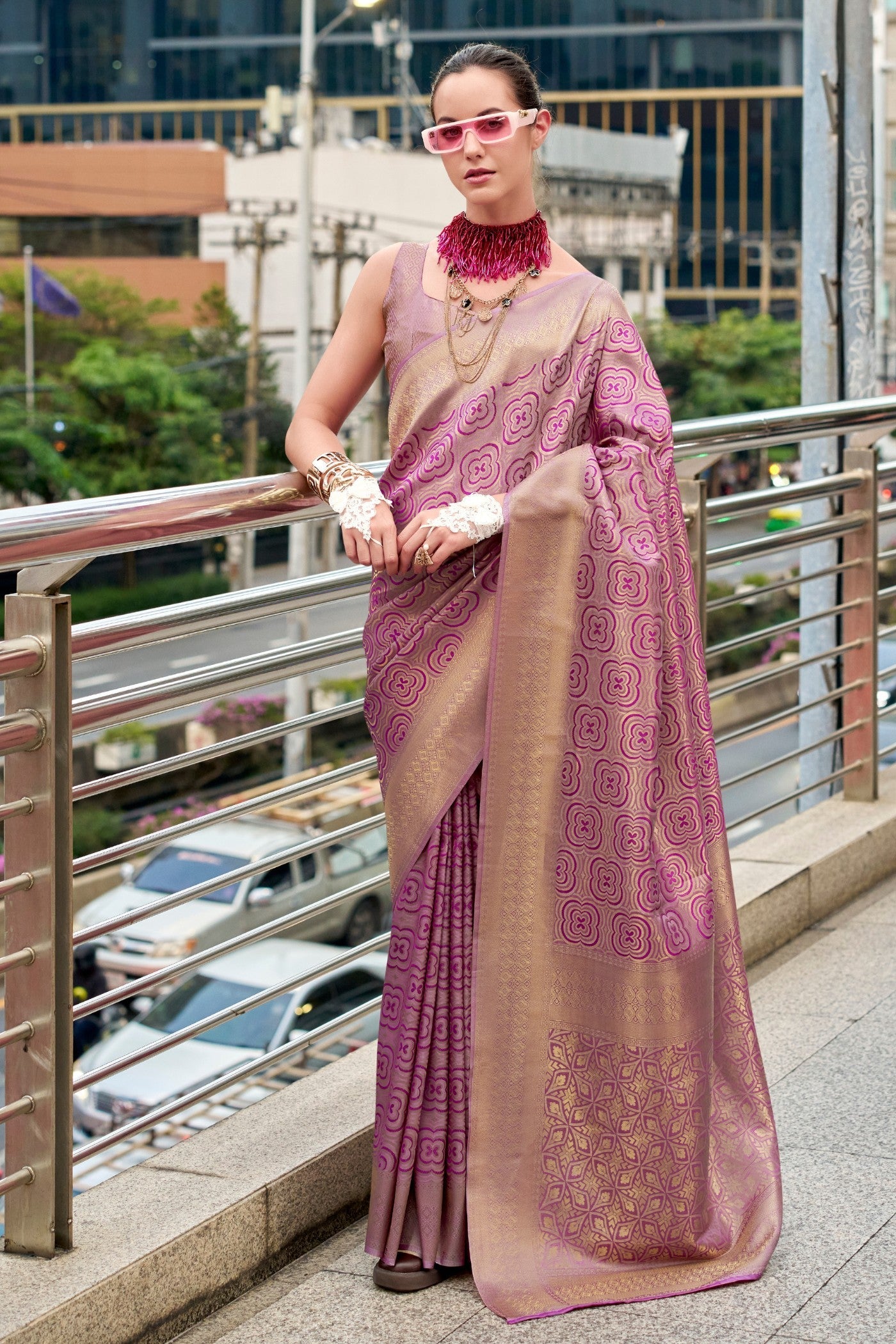 Butterscotch Lavender Kanchivaram Buttery Silk Weaving Saree