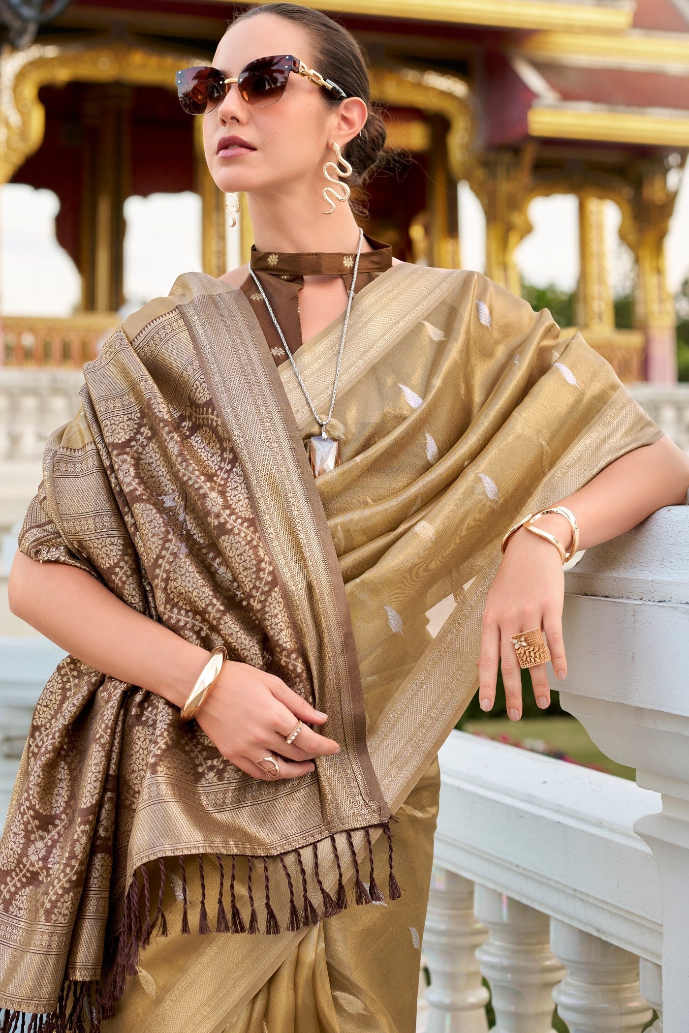 Royal Brown Tissues Silk Zari Booti Woven Saree