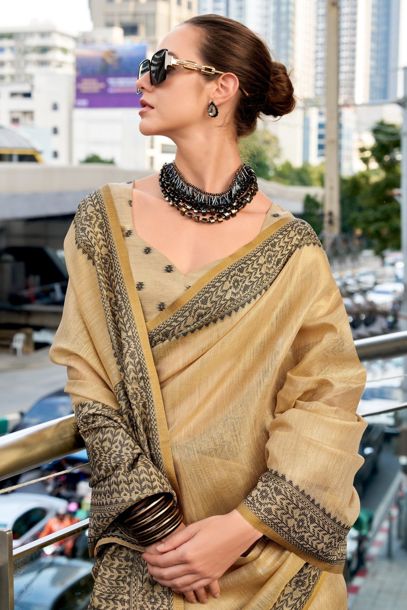 BlackBerry Cream Pure Linen Tissue Silk Woven Saree