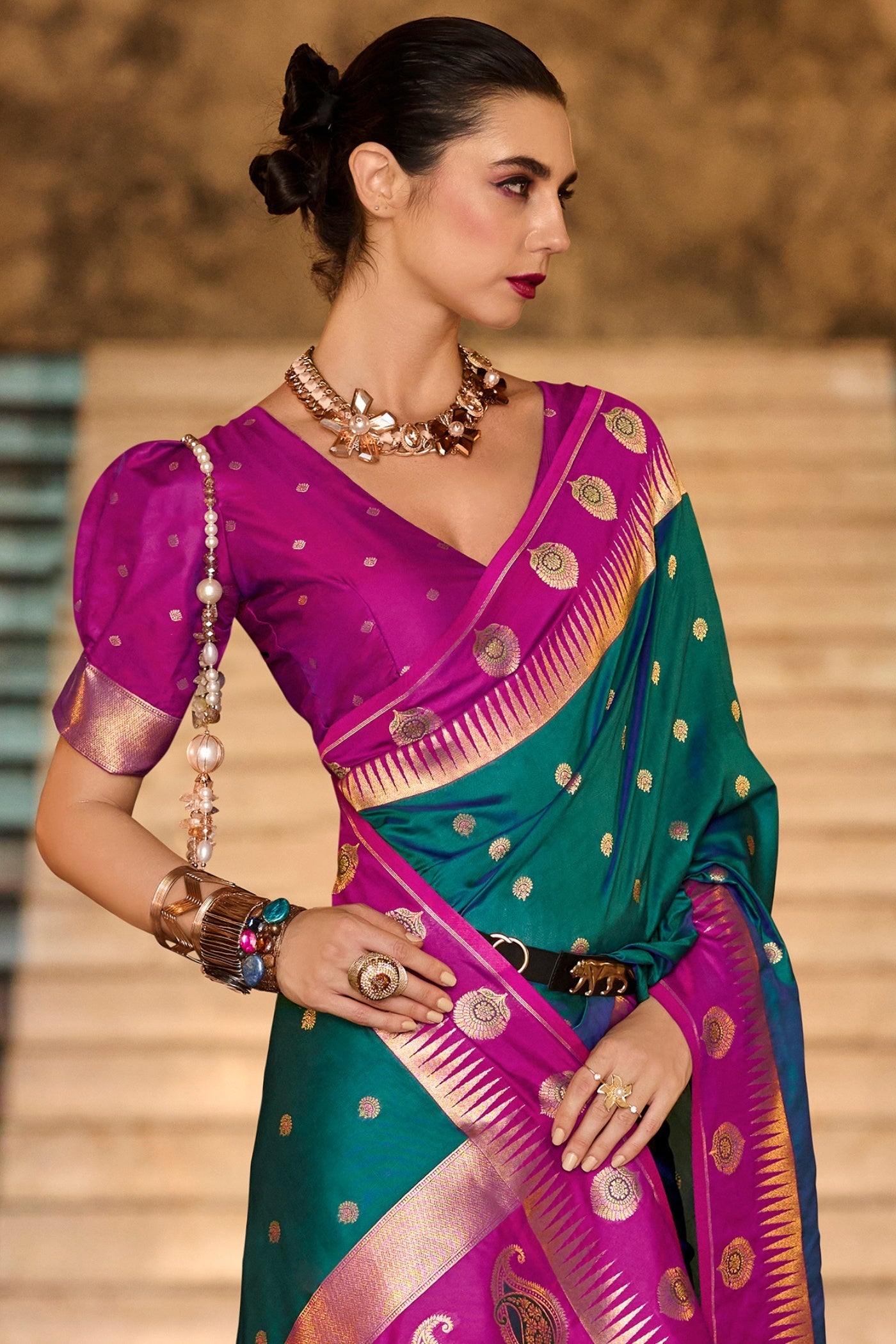 Cherry Dark Green Pure Soft Banarasi Silk Weaving Saree
