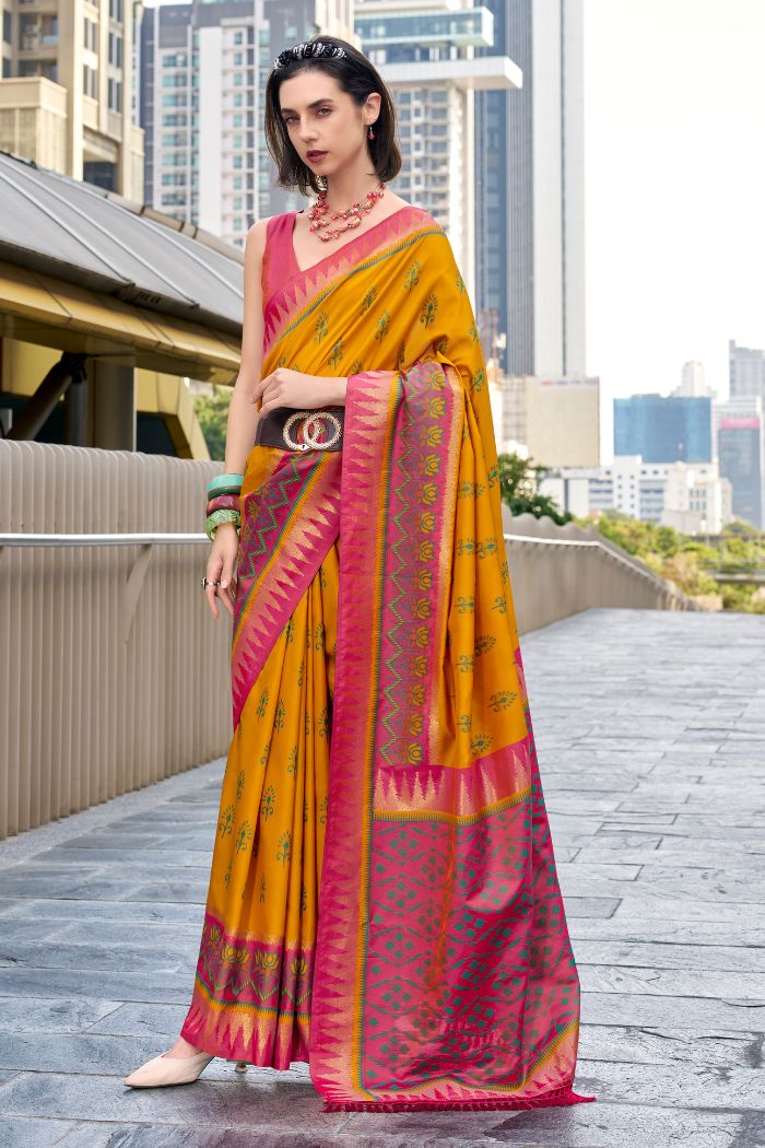 Qutub Minar Yellow Pure Soft Banarasi Silk Ikkat Weaving Saree