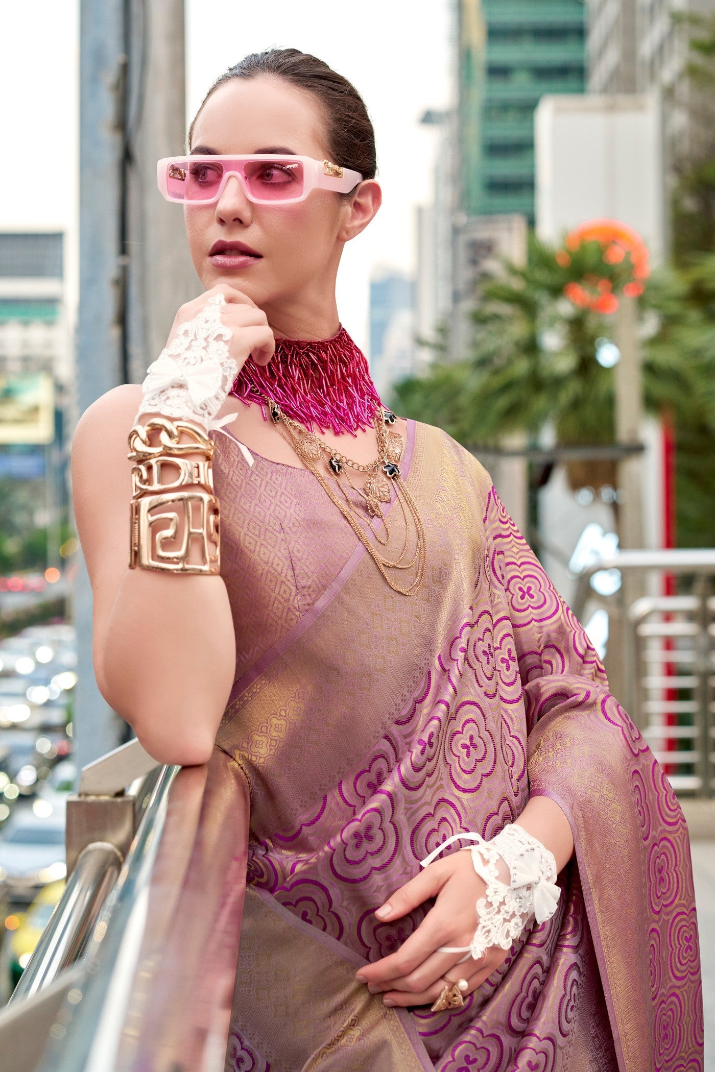 Butterscotch Lavender Kanchivaram Buttery Silk Weaving Saree