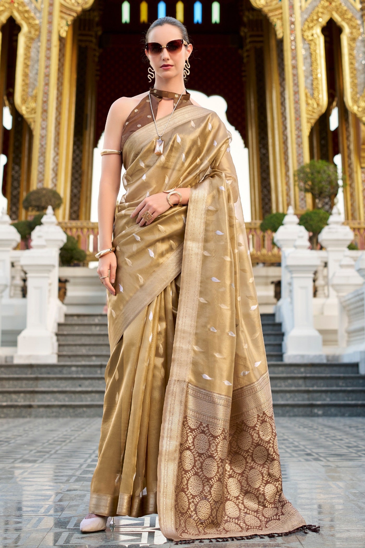 Royal Brown Tissues Silk Zari Booti Woven Saree