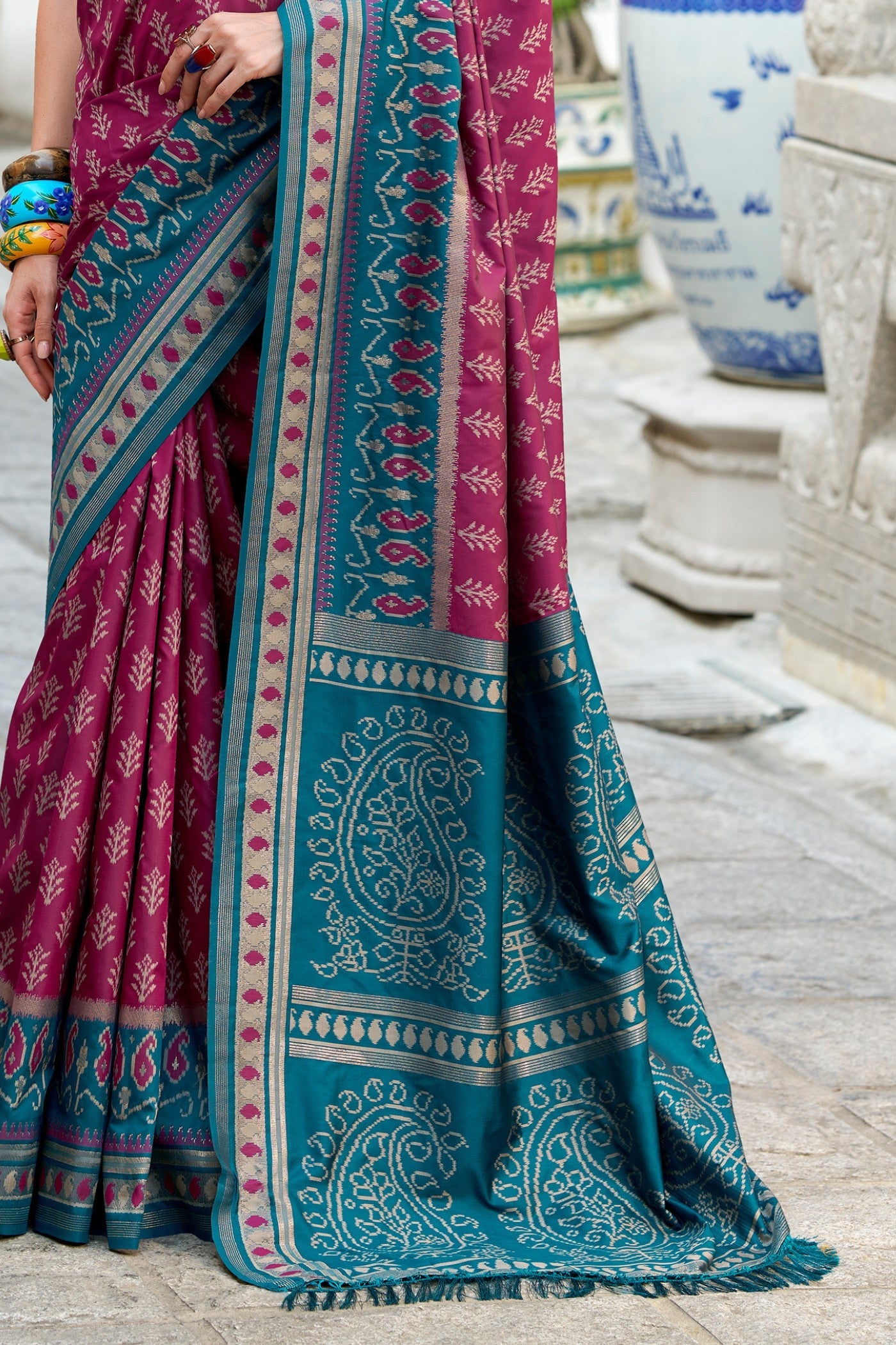 Taj Mahal Maroon Soft Banarasi Ikkat Silk Woven Saree