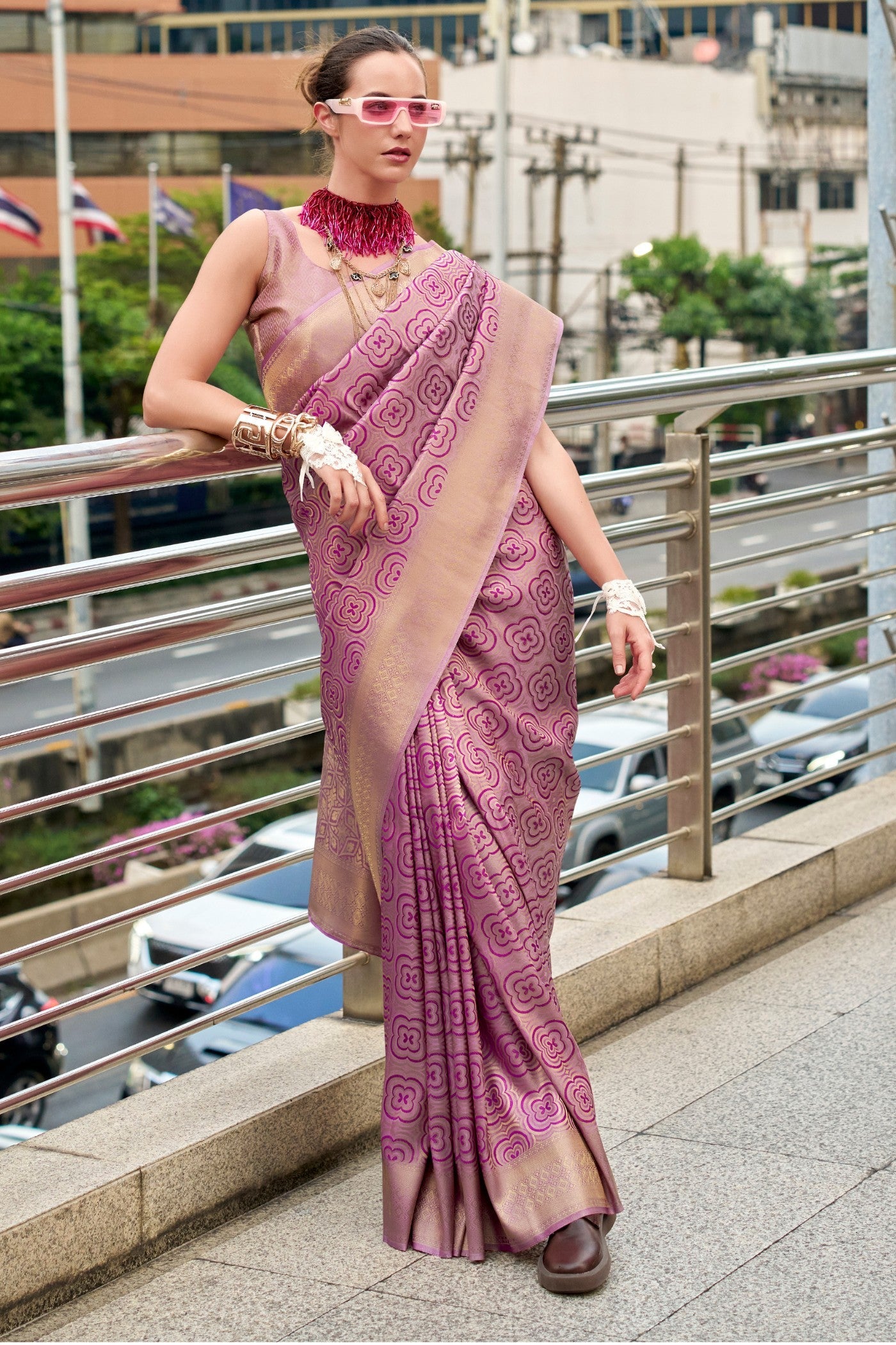 Butterscotch Lavender Kanchivaram Buttery Silk Weaving Saree