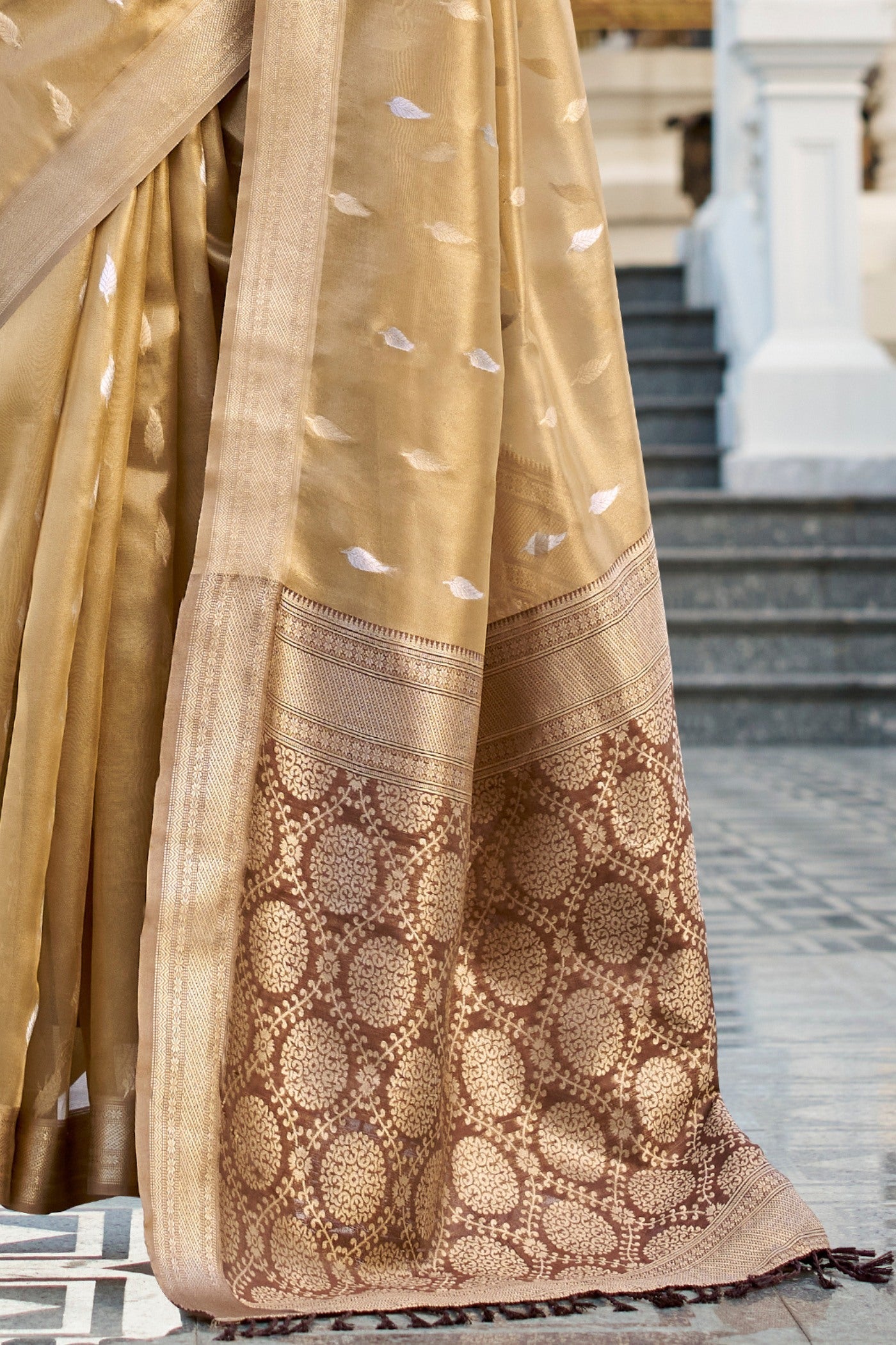 Royal Brown Tissues Silk Zari Booti Woven Saree