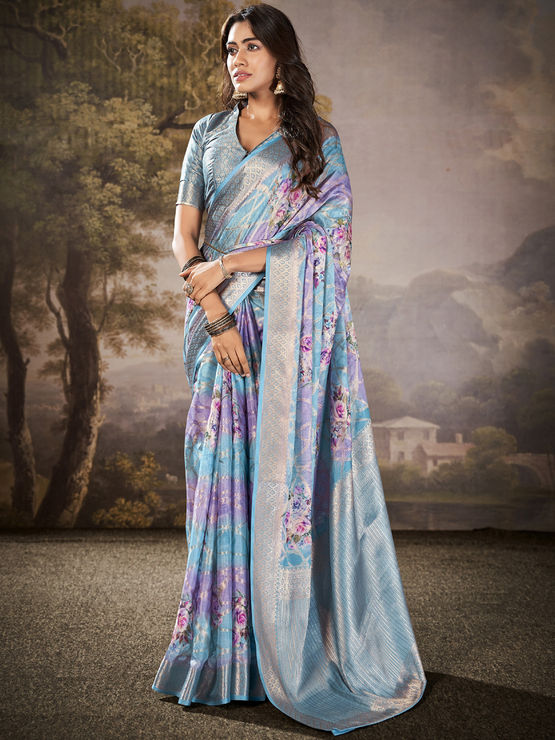 Manorana Ice Blue Tussar cotton Floral Printed Saree