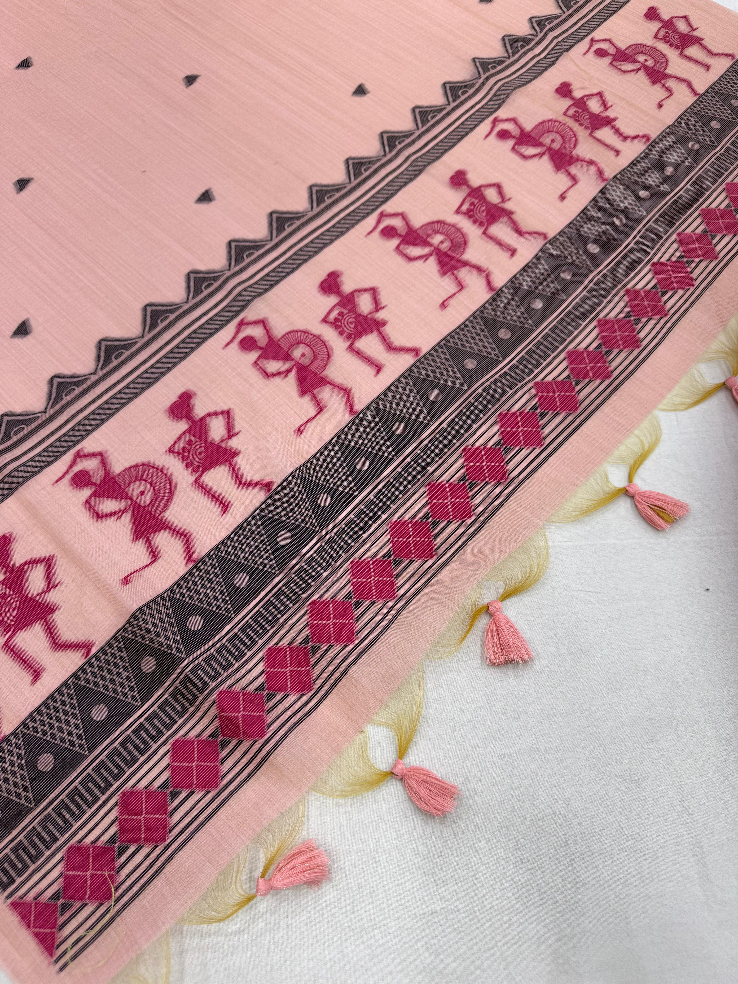 Pink Pure Muga Silk Warli With All Over Butti Weaving Unstitched 3pis Dress Material