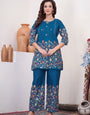 Indigo Pure Cotton Flower Printed Work Co-Ords Set