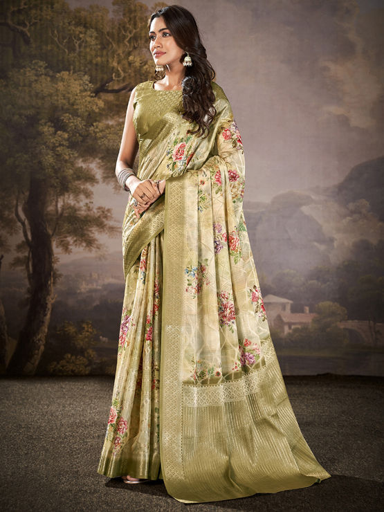 Manorana Golden Tussar cotton Floral Printed Saree