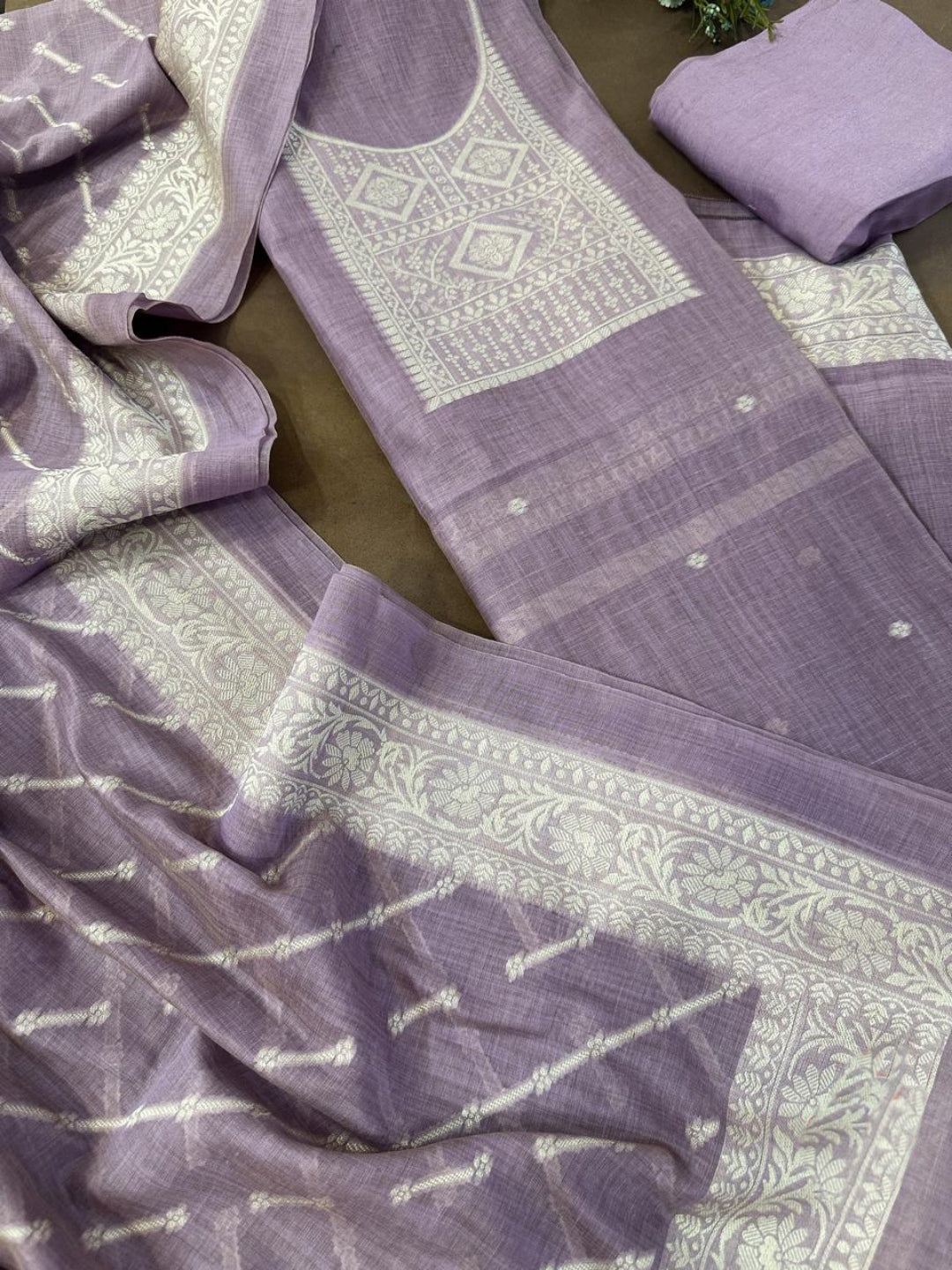 Lavender Pure Soft Muga Cotton Weaving Work Unstitched Dress Material
