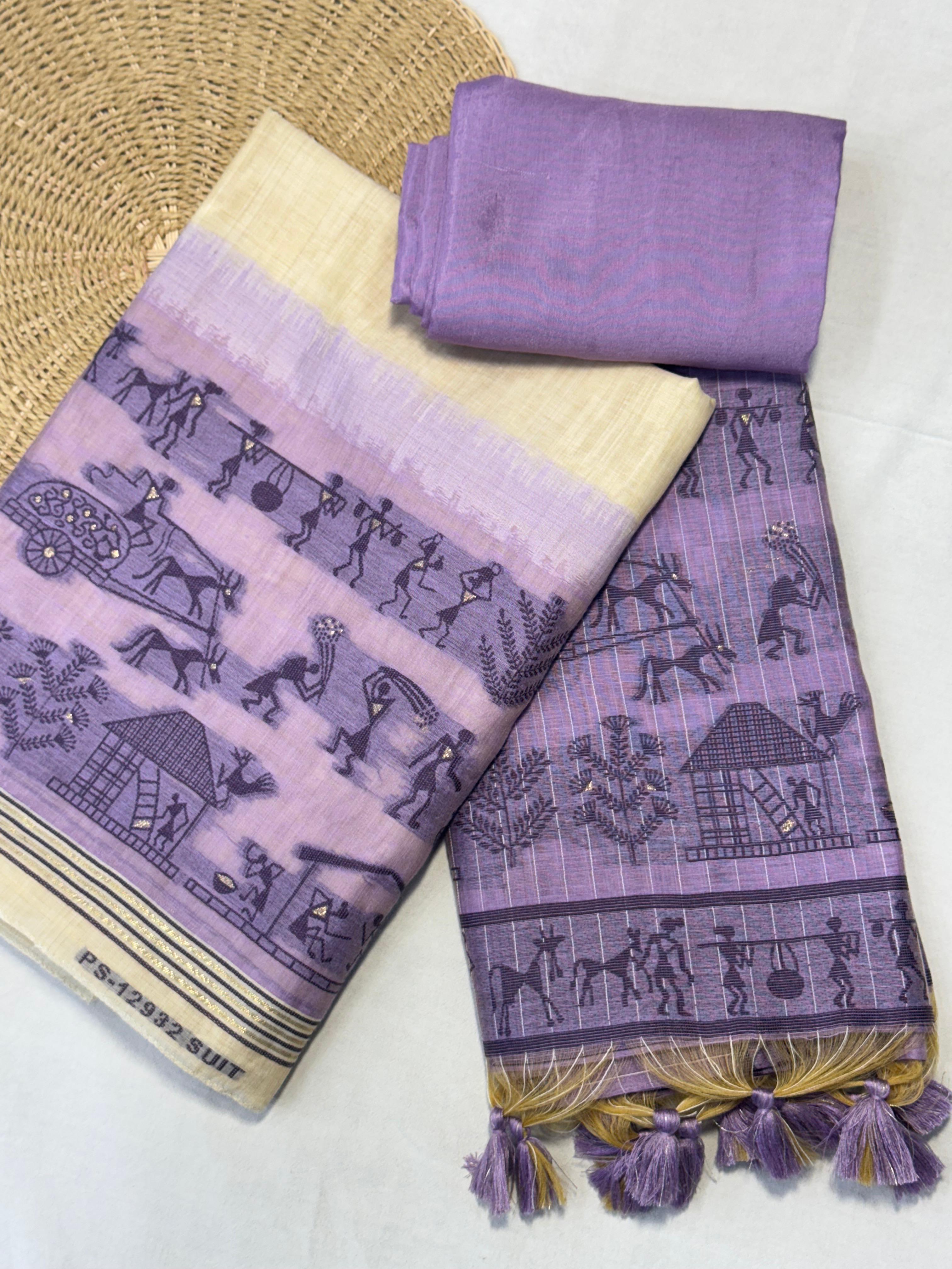 Lavender Pure Muga Silk Warli With All Over Butti Weaving Unstitched 3pis Dress Material