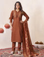 Brown Roman Silk Coding Embroidery With Sequins Meena Work Suit Set