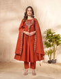 Crimson Red Roman Silk Multi-Thread & Sequence Embroidery Work Suit Set