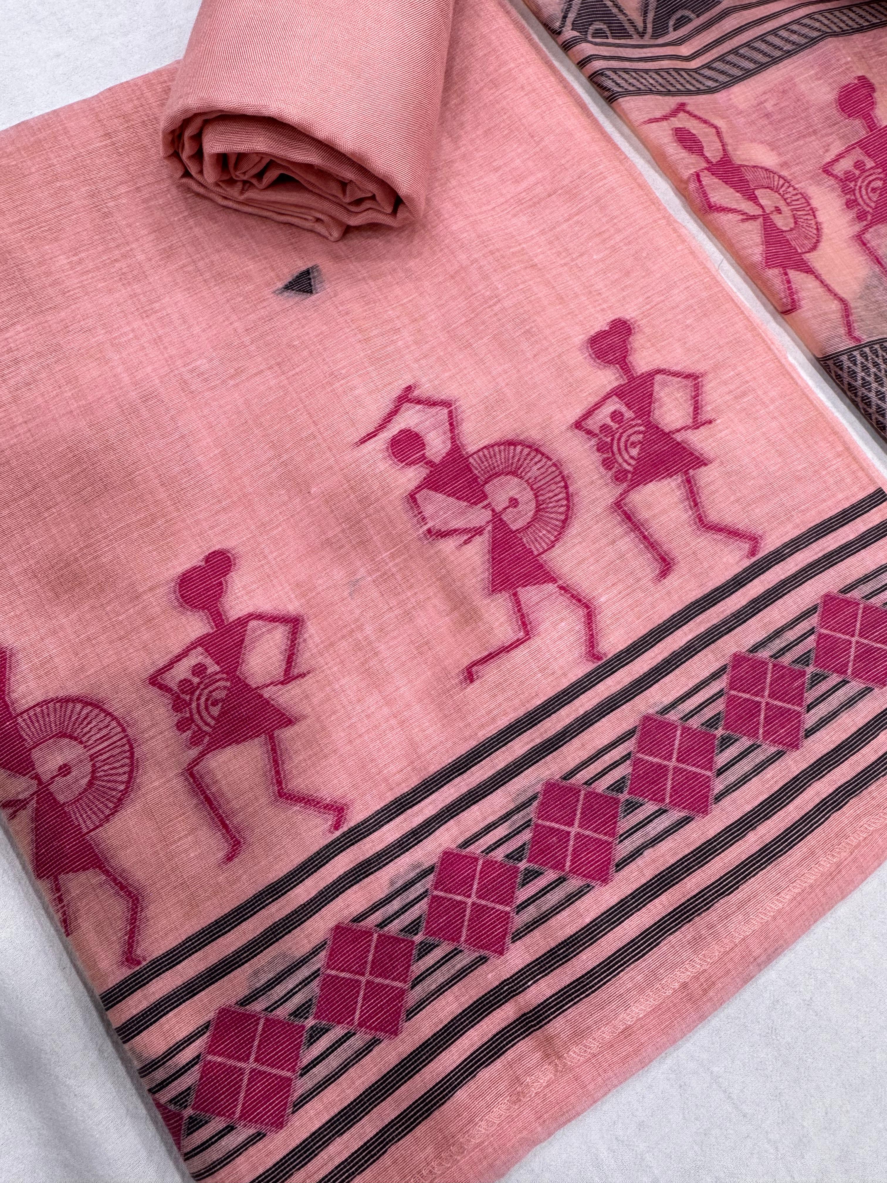 Pink Pure Muga Silk Warli With All Over Butti Weaving Unstitched 3pis Dress Material