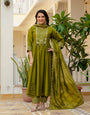 Mehandi Viscose Roman Silk Embroidery With Real Mirror Hand Work Suit Set