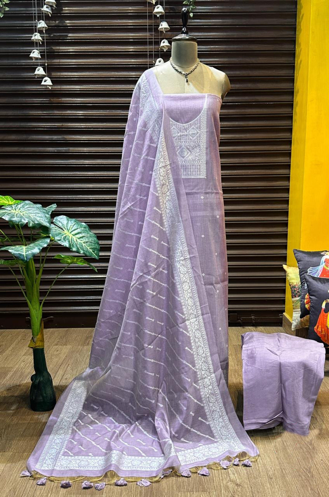 Lavender Pure Soft Muga Cotton Weaving Work Unstitched Dress Material