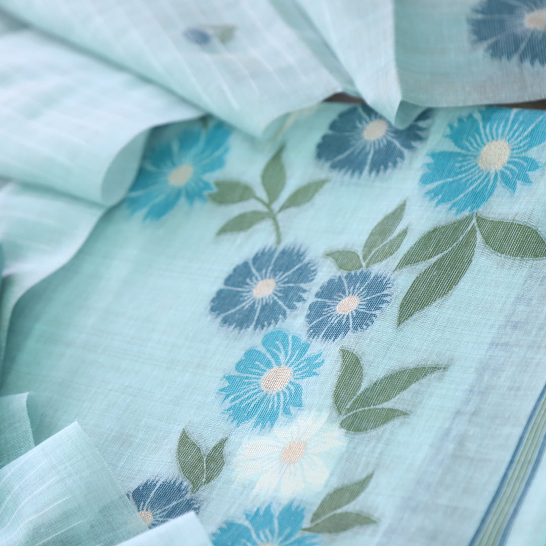 Sky Blue Soft Muga Cotton Jamdani Flower Weaving Unstitched Dress Material