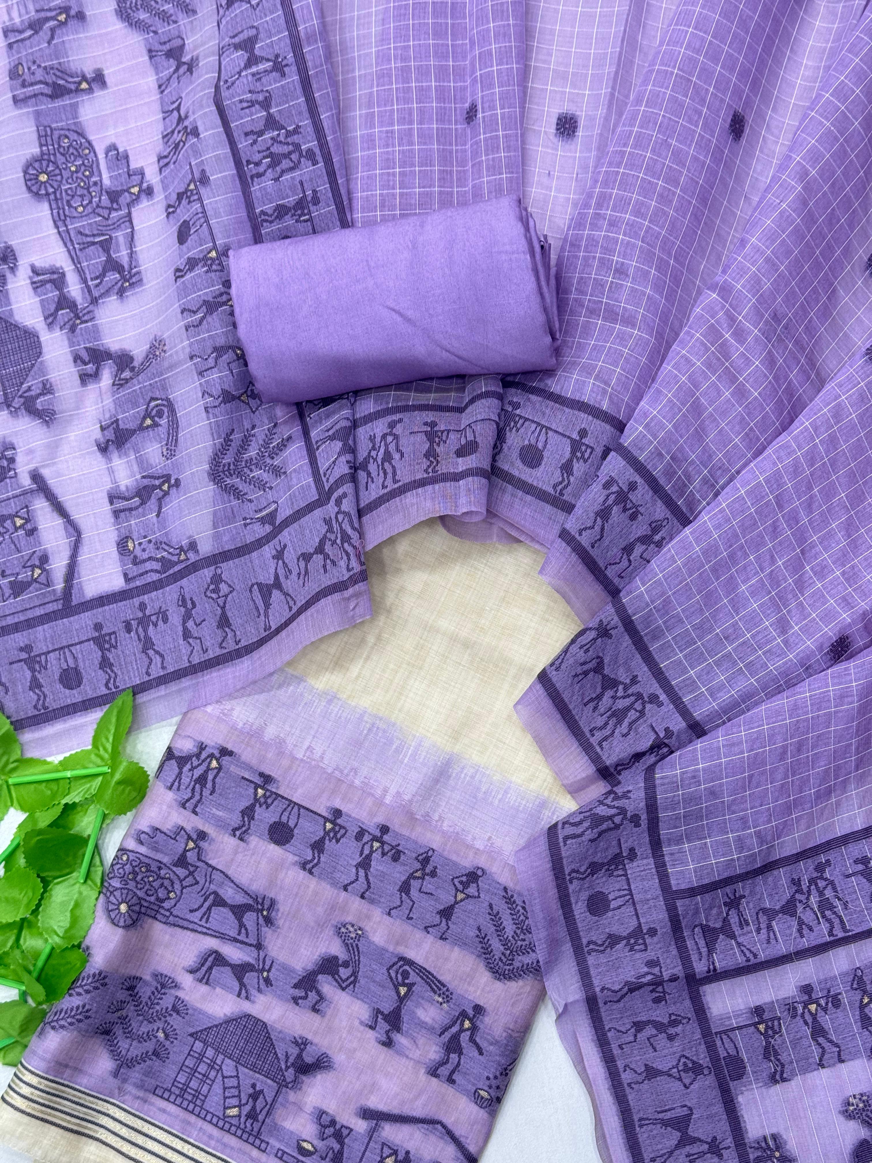 Lavender Pure Muga Silk Warli With All Over Butti Weaving Unstitched 3pis Dress Material