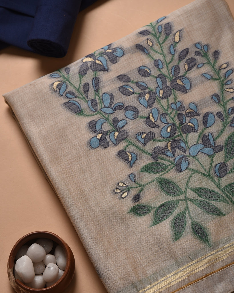 Navy Blue Pure Soft Muga Cotton Flower Weaving Unstitched Dress Material