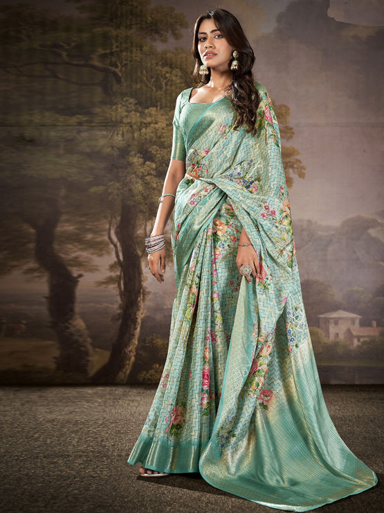 Manorana Rama Tussar cotton Floral Printed Saree