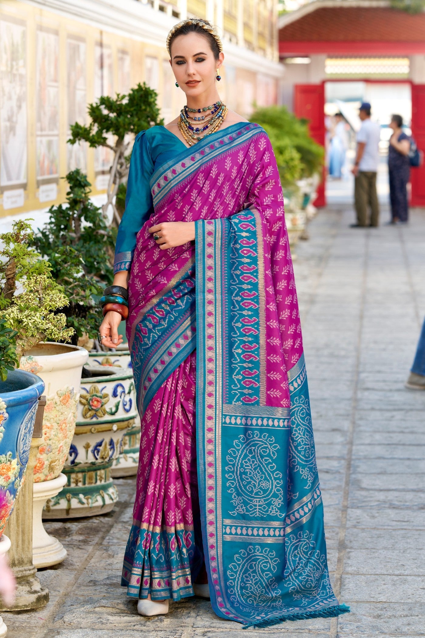 Taj Mahal Wine Soft Banarasi Ikkat Silk Woven Saree
