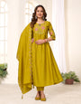 Dark Mustard Viscose Roman Silk Embroidery Thread With Hand Work Suit Set