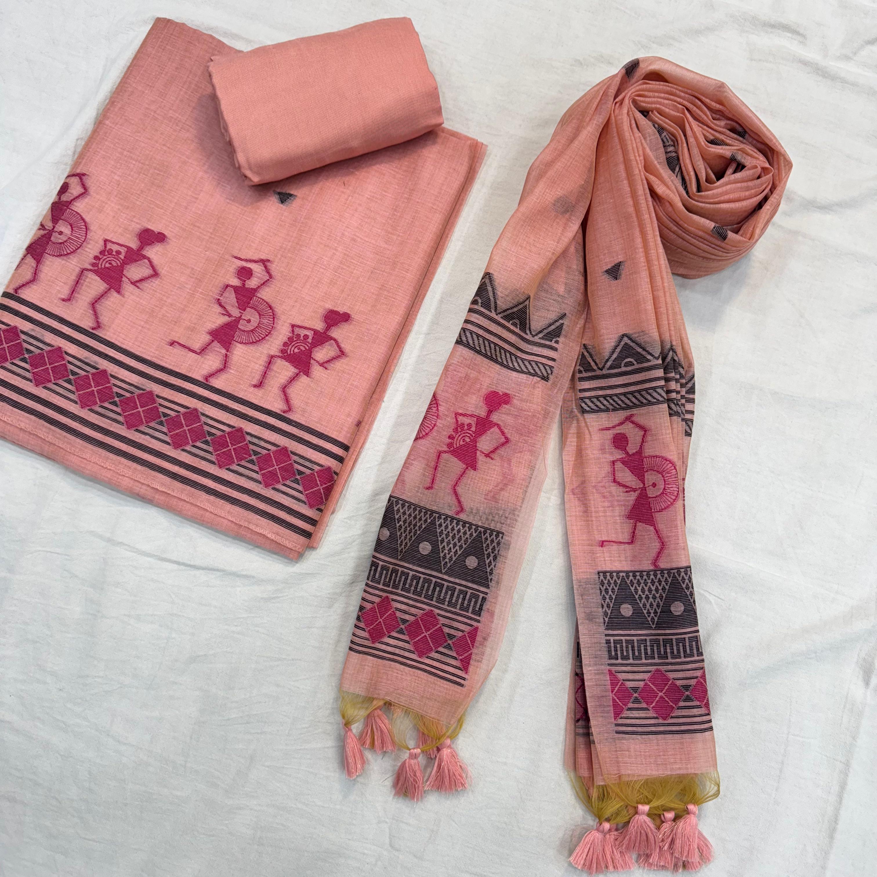 Pink Pure Muga Silk Warli With All Over Butti Weaving Unstitched 3pis Dress Material