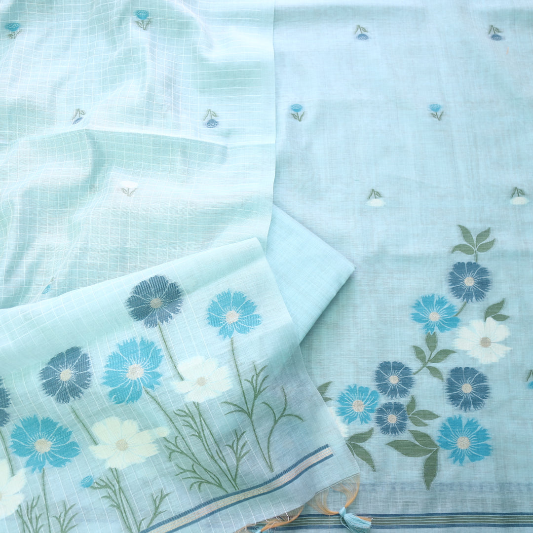 Sky Blue Soft Muga Cotton Jamdani Flower Weaving Unstitched Dress Material