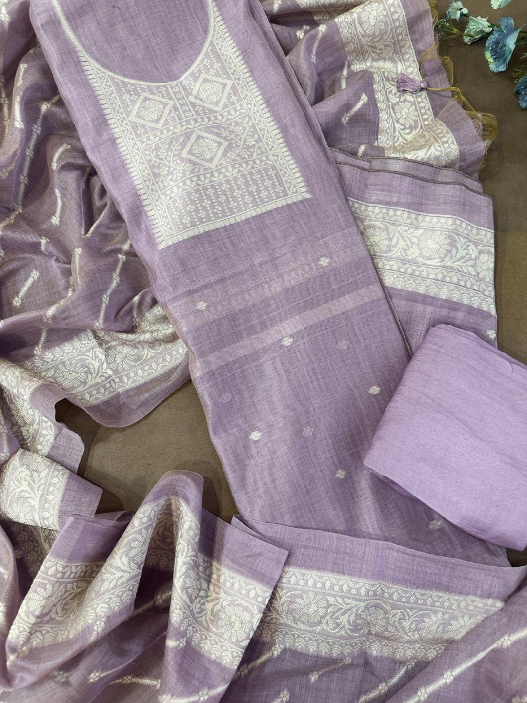 Lavender Pure Soft Muga Cotton Weaving Work Unstitched Dress Material