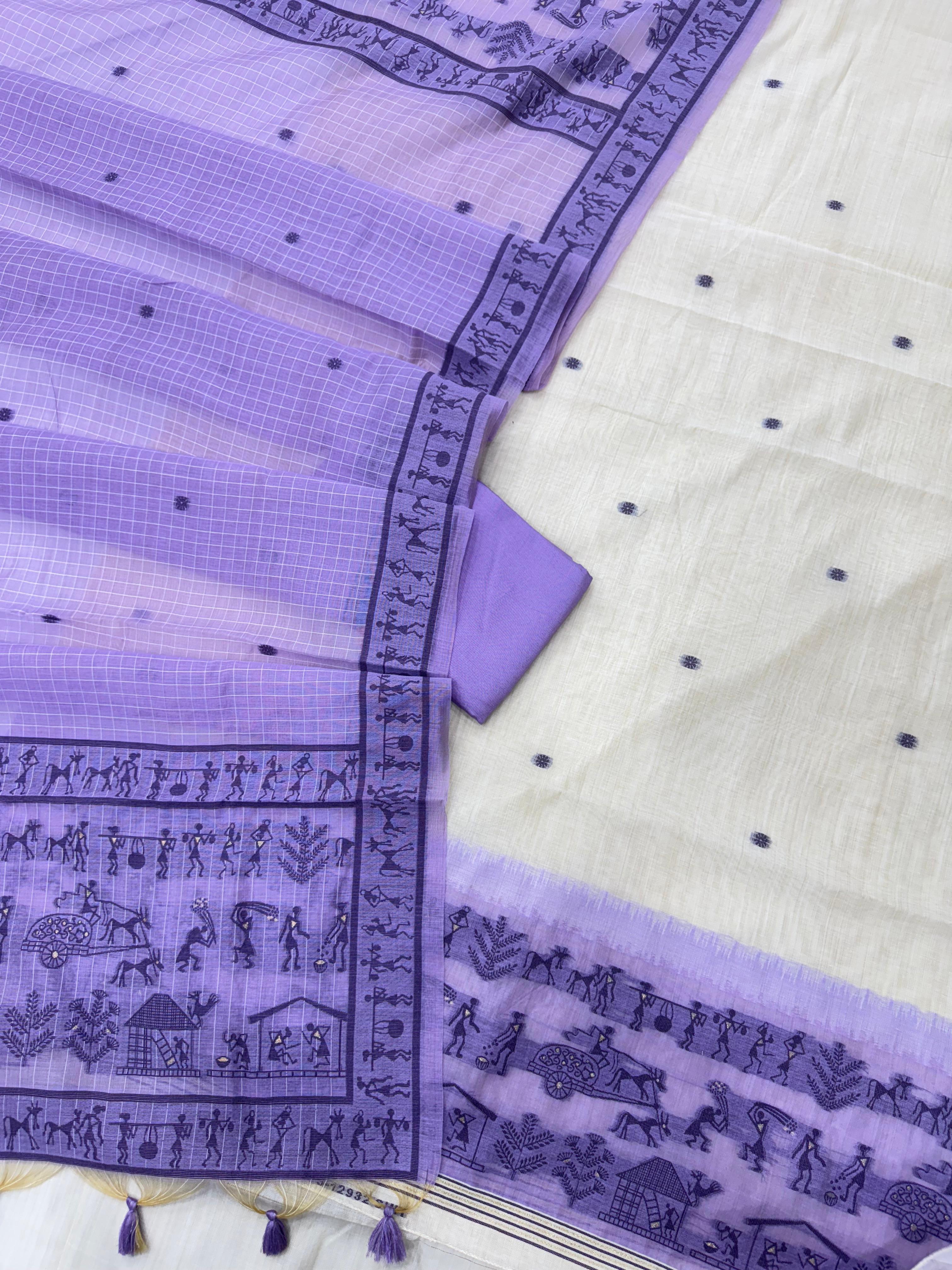 Lavender Pure Muga Silk Warli With All Over Butti Weaving Unstitched 3pis Dress Material