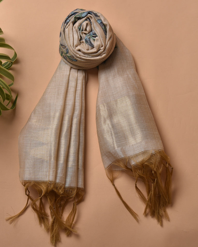 Navy Blue Pure Soft Muga Cotton Flower Weaving Unstitched Dress Material