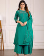 Teal Green Viscose Mango Silk Embroidery Thread With Hand Work Plazzo Set
