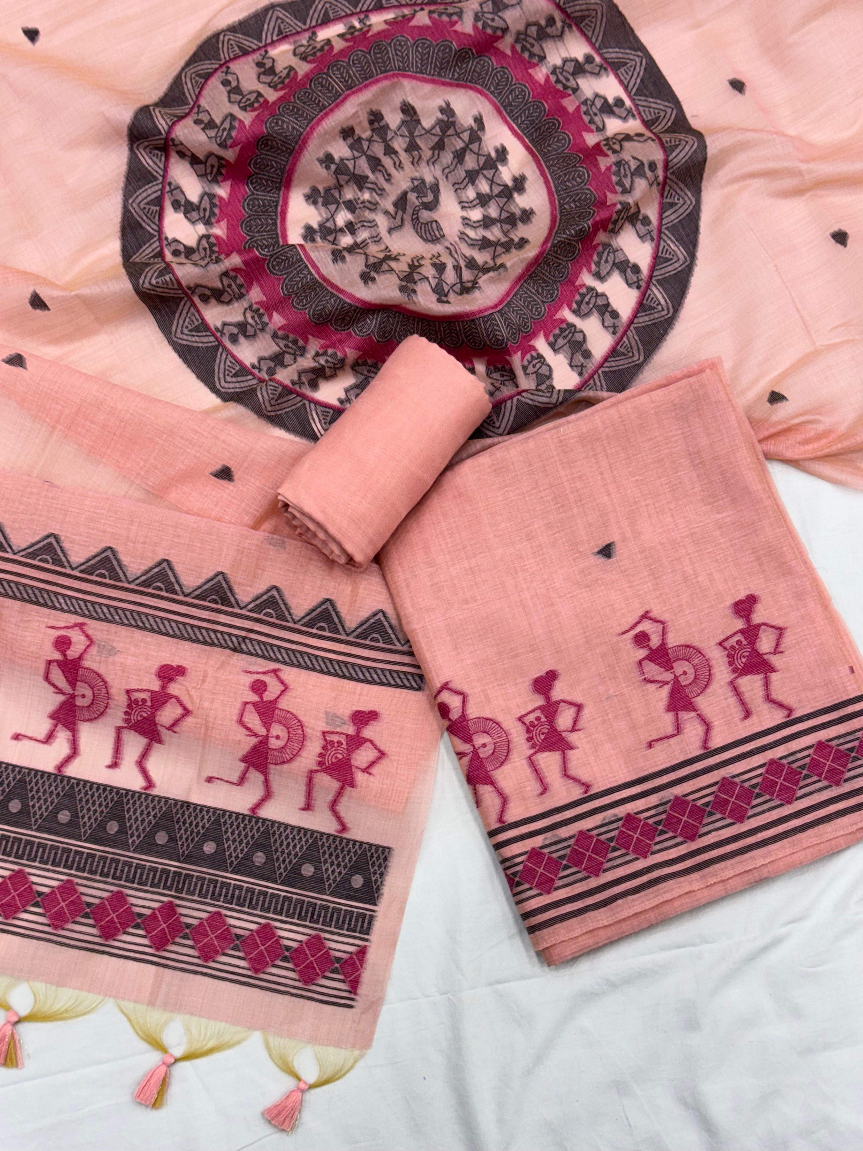 Pink Pure Muga Silk Warli With All Over Butti Weaving Unstitched 3pis Dress Material